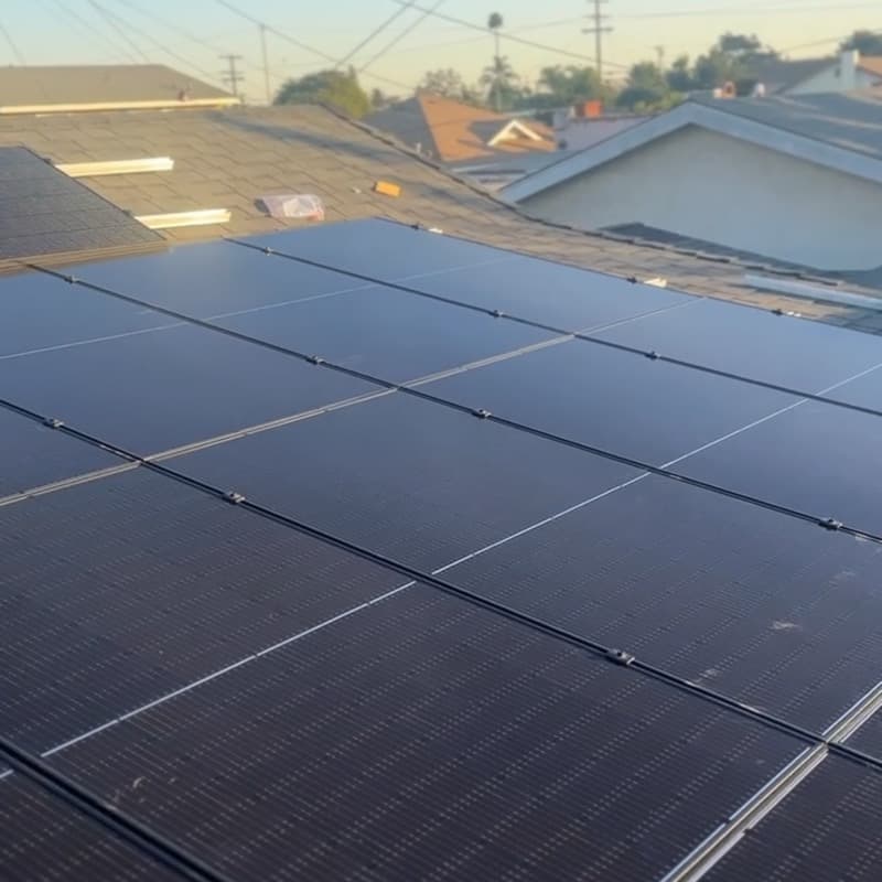 Solar panel array with sunset sky
